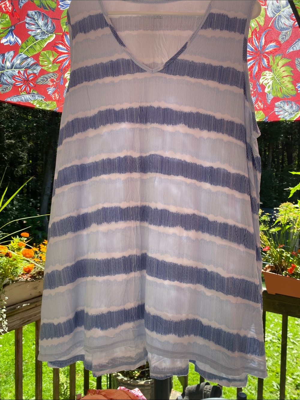 Lands' End Blue and White Striped V-Neck Mini Dress